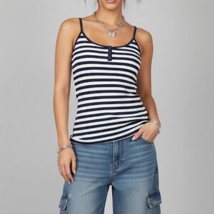 Y2K Vintage Old Navy White Stripped Thin Strap Henley Ribbed Tank Top Size M